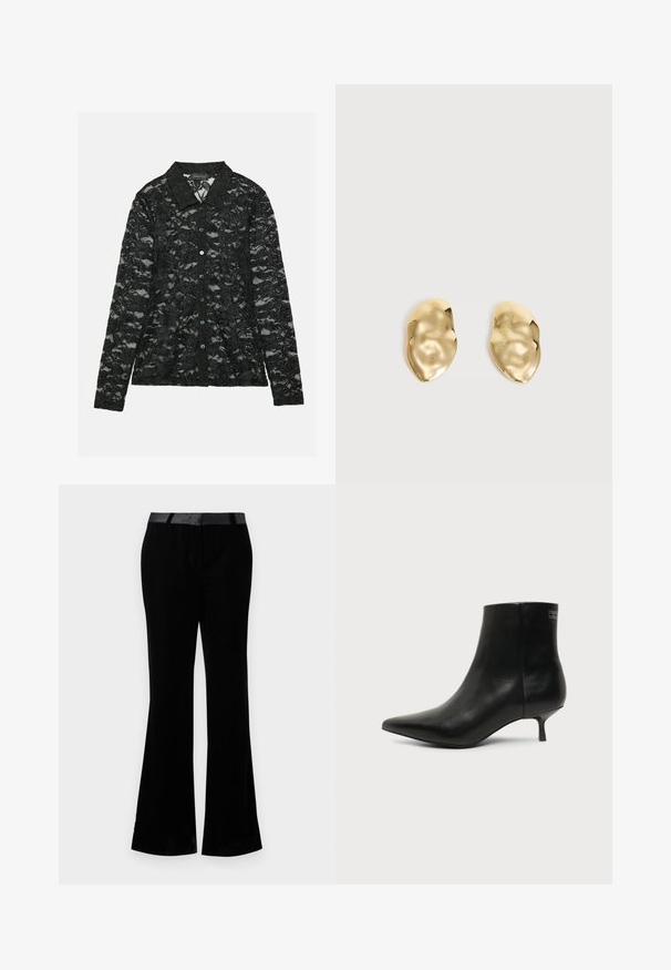 Blusa de encaje negro con cuello camisero, mangas largas, cierre de botones con botones verdes y un patrón floral en toda la prenda.; Pantalones acampanados negros de tela suave. Presentan una cinturilla plana con un acabado brillante. Diseño ajustado con dos bolsillos frontales.; Botín de piel negra con puntera puntiaguda y tacón bajo estilo kitten sobre fondo claro, mostrando vista lateral exterior.; Par de pendientes de metal dorado brillante, con forma irregular y superficie arrugada y lisa sobre un fondo claro y sencillo.