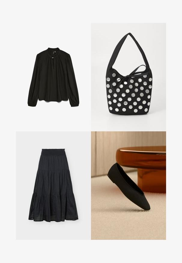 Zwarte blouse met lange mouwen en een gathered ronde halslijn, met een subtiele knoopdetail en een vloeiende silhoutte, gemaakt van lichtgewicht stof.; Zwarte maxi-rok met laagjes, een elastische gerimpelde tailleband en geplooide stoffen panelen, met een vloeiende A-lijn silhouet.; Zwarte platte schoen met punt op een beige tapijt, op de achtergrond een lage, ronde, doorschijnende amberkleurige tafel.; Zwarte stoffen handtas met een ronde vorm, voorzien van zilveren ronde metalen studs die in een patroon zijn gerangschikt, en een strik van stof.