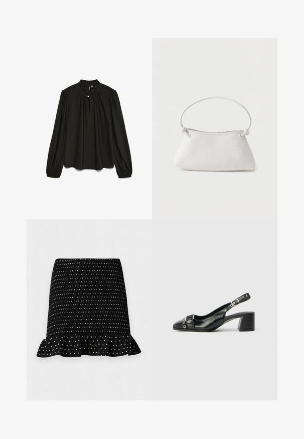 Blouse noire à manches longues avec un col rond froncé, présentant un subtil détail de bouton et une silhouette fluide, confectionnée dans un tissu léger.; Mini-jupe noire à pois blancs, texture smockée et ourlet volanté sur un fond clair uni.; Sandale à talon en cuir noir avec un bout pointu, une sangle texturée ornée d'accents métalliques circulaires et un talon empilé.; Sac à main en cuir tressé blanc avec poignée arrondie et extrémités de lanière nouées, présenté sur un fond uni.
