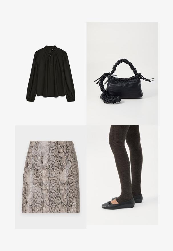 Sort langærmet bluse med en samlet rund halsudskæring, der har en subtil knapdetalje og en flydende silhuet lavet af letvægtsstof.; En tætsiddende miniskørt med en blank, struktureret faux slangeskindsprint i nuancer af beige og sort, med en glat overflade og uden synlige lukninger.; Ben iført mørke ribbede leggings kombineret med sorte balletsko med små sløjfedetaljer på hvid baggrund.; Sort kunstlæder håndtaske med krokodilteksur, indsnøret top og en sammenkrøben rem. Ser blød og kompakt ud i designet.