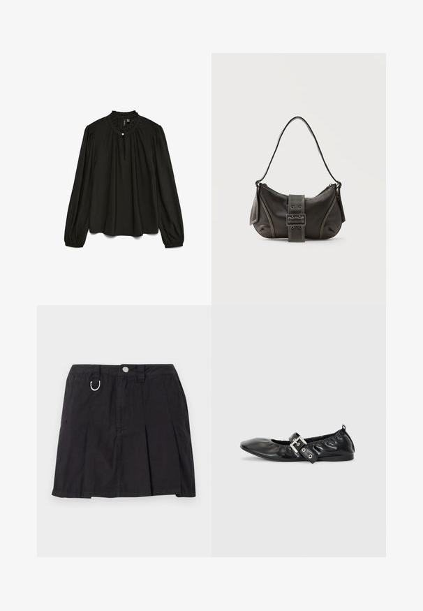 Blouse noire à manches longues avec un col rond froncé, présentant un subtil détail de bouton et une silhouette fluide, confectionnée dans un tissu léger.; Jupe plissée noire en coton, avec une fermeture à boutons sur le devant, des passants de ceinture et un accent en D-ring sur la taille.; Chaussure plate en cuir noir avec un nez pointu, des détails froncés autour de l'ouverture et un accent en boucle argentée sur la bride ajustable.; Sac à épaule en cuir noir avec une sangle à boucle, des bords arrondis et des coutures blanches contrastées sur un fond uni.