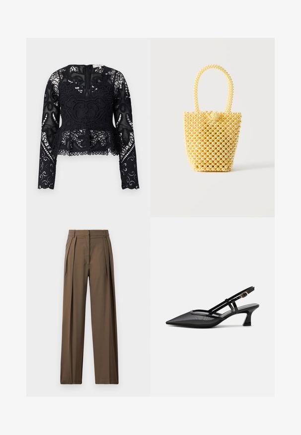 Top peplum negro de encaje con mangas largas, patrones florales intricados y dobladillo en pico. Presenta un escote redondo y cierre de cremallera en la parte posterior.; Pantalones de pierna ancha marrones, confeccionados en una tela suave, con pliegues en el frente y una cinturilla ajustada para un aspecto estructurado.; Zapato slingback negro con punta afilada, parte superior de malla, tiras delgadas, hebilla dorada y tacón bajo curvado sobre fondo blanco.; Bolso pequeño estilo bolso cubo hecho de cuentas brillantes de color crema con asa de cuentas en forma de lazo y cierre decorativo con nudo de cuentas.