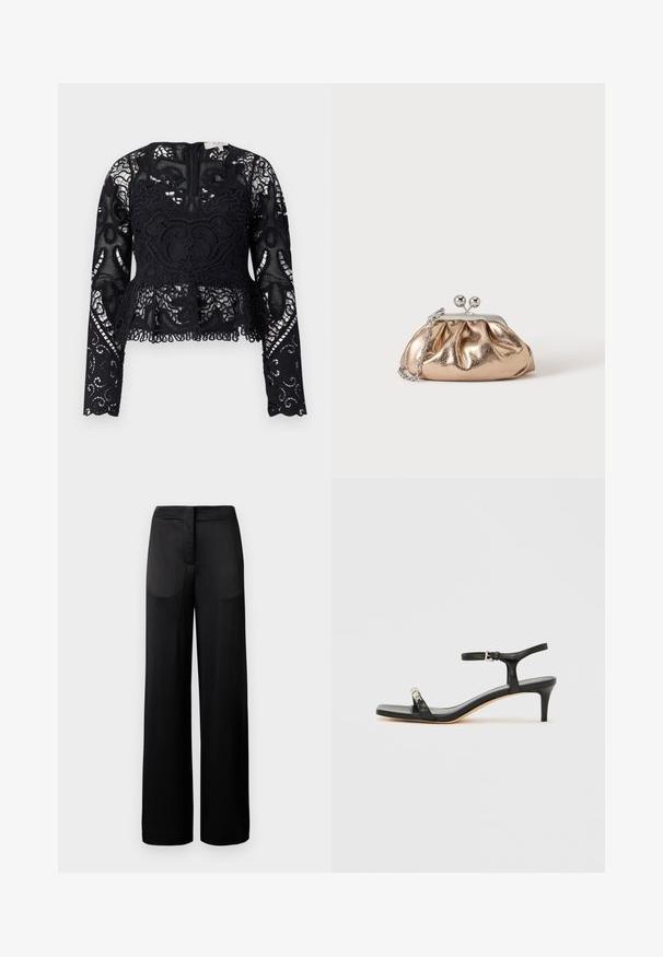 Top peplum negro de encaje con mangas largas, patrones florales intricados y dobladillo en pico. Presenta un escote redondo y cierre de cremallera en la parte posterior.; Pantalones negros de pierna ancha con una superficie texturada, que cuentan con una cintura plana y dos bolsillos laterales. La tela parece ligera y fluida.; Sandalia de tacón de cuero negro con correa en el tobillo, punta abierta, frente cuadrado y detalle en hardware plateado. Diseño ajustado con un perfil elegante.; Pequeño bolso clutch metálico dorado con cierre plateado y cadena en un fondo claro y liso.