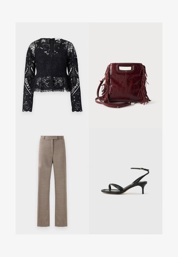 Top peplum negro de encaje con mangas largas, patrones florales intricados y dobladillo en pico. Presenta un escote redondo y cierre de cremallera en la parte posterior.; Pantalones de patrón de espiga en marrón y negro con un diseño de pierna recta, que cuentan con una cinturilla y bolsillos laterales.; Sandalia negra de cuero para mujer con tiras finas, un lazo para el dedo del pie, hebilla en el tobillo y tacón de aguja de altura media sobre un fondo neutro.; Bolso cuadrado de cuero burdeos con asa recortada, detalles de flecos laterales y una correa de hombro ajustable sobre un fondo liso.