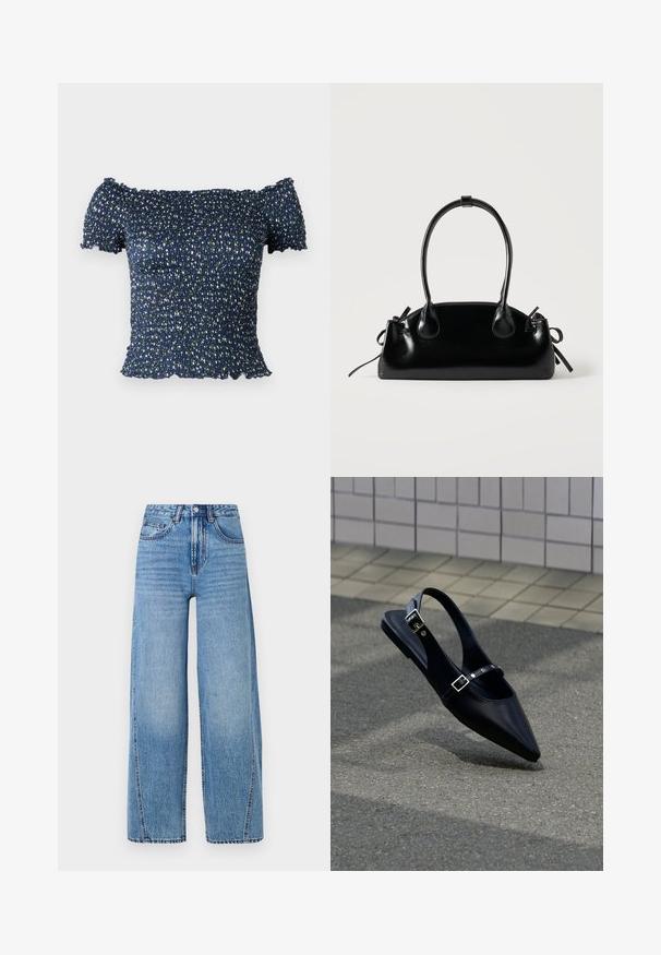 Marineblå off-shoulder top lavet af smocket stof, prydet med et blomstermønster med små hvide og grønne blomster. Blød tekstur, korte ærmer.; Højtaljede, lyseblå, brede denim jeans med forlommer, bælteløkker, knaplukning og synlige sømdetaljer.; Sort flad slingback med spids tå og dobbelte spænder, hvilende på grå asfalt nær flisevæg.; Lille sort blank håndtaske med to lange håndtag og snøre-detaljer i siden på en ensfarvet lys baggrund.