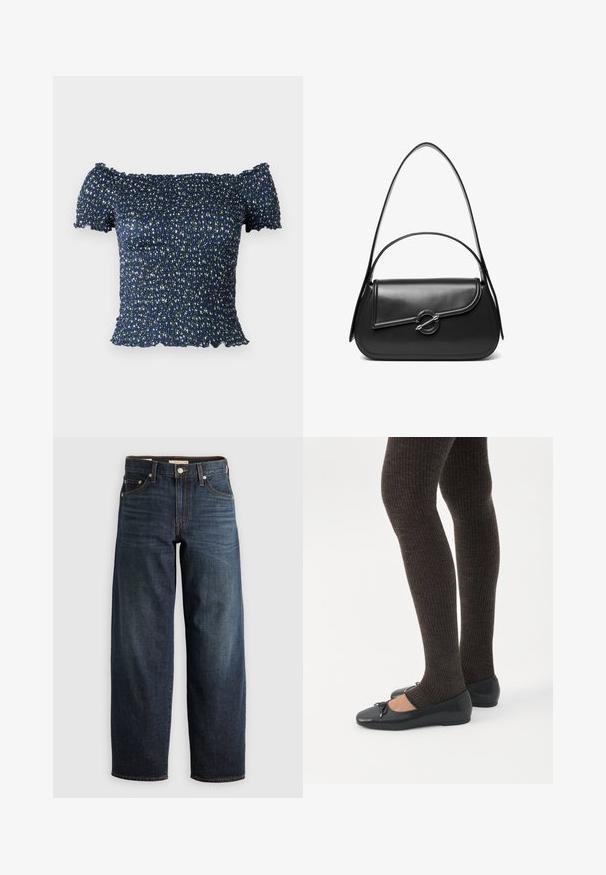 Marineblauwe off-the-shoulder top van smock stof, met een bloemenpatroon van kleine witte en groene bloemen. Zachte textuur, korte mouwen.; Donkerblauwe jeans van denim, met een recht model, vijf-pocketstijl en stiksels met een knoopsluiting.; Benen met donkere geribbelde leggings gecombineerd met zwarte ballerina's met kleine strikdetails op een witte achtergrond.; Zwarte leren schoudertas met een gebogen klep die is bevestigd met een ronde metalen sluiting en een smalle, verstelbare band.