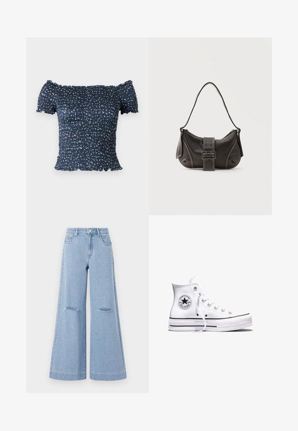 Marineblå off-shoulder top lavet af smocket stof, prydet med et blomstermønster med små hvide og grønne blomster. Blød tekstur, korte ærmer.; Lyseblå bredbenede jeans med høj talje, der har to forlommer og to slidte knædetaljer, fremstillet af denimmateriale.; Hvid Converse Chuck Taylor All Star højt snøresko med sorte striber og logoemblem på siden, vist mod en ensfarvet hvid baggrund.; Sort læder skuldertaske med spænde på remmen, afrundede kanter og kontrasterende hvide syninger på en ensfarvet baggrund.