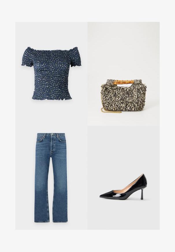 Marineblå off-shoulder top lavet af smocket stof, prydet med et blomstermønster med små hvide og grønne blomster. Blød tekstur, korte ærmer.; Blå jeans lavet af denim, med en lige ben design, fem lommer, en knaplukning og subtile slidte områder på lårene.; Sorte lakerede stiletto højhælede sko med spids tå og slank midt-høj stiletho hæl på hvid baggrund.; Vævet taske med et struktureret sort og creme mønster, bambushåndtag og en aftagelig guldkæde-strop. Kompakt rektangulær form.