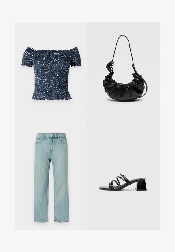 Marineblå off-shoulder top lavet af smocket stof, prydet med et blomstermønster med små hvide og grønne blomster. Blød tekstur, korte ærmer.; Lyseblå brede jeans lavet af denim, der har et klassisk fem-lomme design, rene linjer og et almindeligt taljebånd med knaplukning.; Sorte hælede sandaler med firkantet tå, der har tre snoede stropper på overdelen og en kraftig firkantet hæl. Glat, skinnende materiale.; Sort skindtaske med rynkede detaljer, justerbar skulderrem og stort sort hårspænde fastgjort til remmen på ensfarvet baggrund.