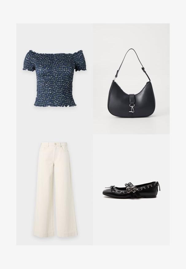 Top azul marino sin hombros hecho de tela fruncida, con un patrón floral de pequeñas flores blancas y verdes. Textura suave, mangas cortas.; Pantalones de mezclilla de pierna ancha en un tono beige claro, con cintura alta, dos bolsillos frontales, cierre de botón y un sutil detalle de costura.; Zapato de ballet plano negro con correas de doble hebilla, ojales plateados y un pequeño lazo cerca de la puntera redondeada sobre un fondo blanco.; Pieces PCLIKA SHOULDER BAG - Bolso de mano - black