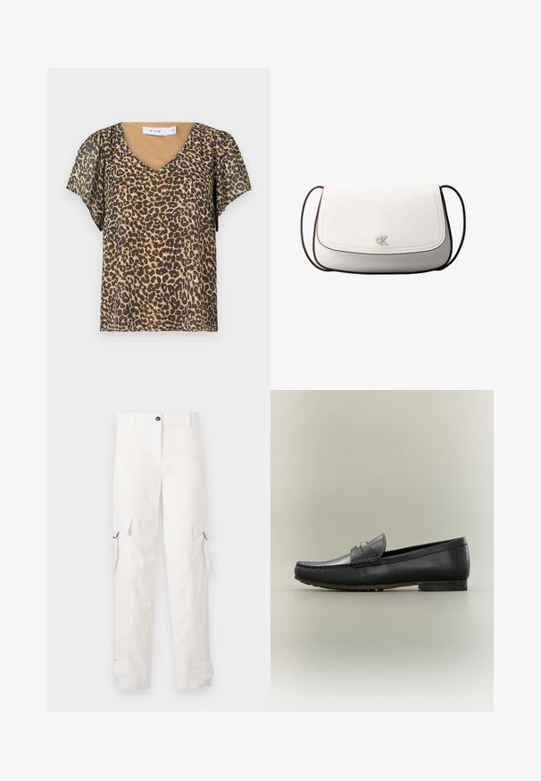 Leopardmønstret top med V-hals, korte flagrende ærmer og et beige inderlag. Lavet af let, gennemsigtigt stof.; Hvide cargo-bukser lavet af bomuld, med sidelommer, løkker og optrullede manchetter. Designet har en lige pasform og en knaplukning.; Sort læderloafer med mokkasyning, lav hæl og guldfarvet metaldetalje på remmen, vist i profil på beige baggrund.; Hvid skuldertaske med klaplukning, lille sølv "cK" logo i midten og tynd, justerbar, mørkebrun rem.