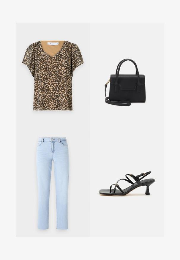 Leopardmønstret top med V-hals, korte flagrende ærmer og et beige inderlag. Lavet af let, gennemsigtigt stof.; Lyseblå lige ben jeans lavet af denim, med en standard talje, fem lommer og subtile sømdetaljer.; Sorte lakerede sandaler med stropper, kvadratisk tå og en lav blokhæl. Udstyret med guldfarvet hardware og justerbare ankelremme.; Sort struktureret håndtaske lavet af læder med et topgreb, aftagelig skulderrem og detalje med frontklap. Guldhardware accenter.
