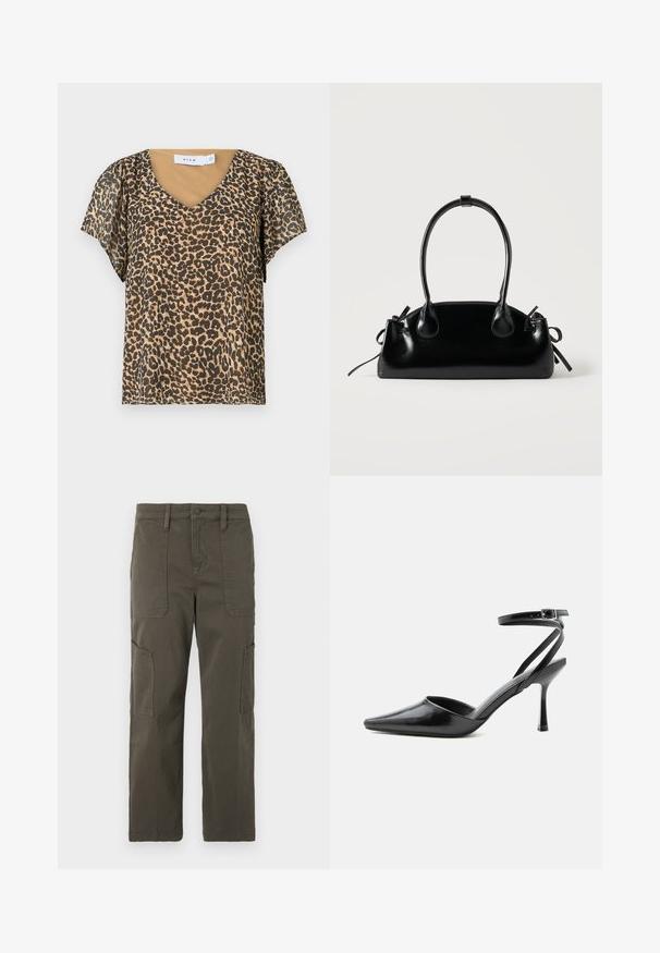 Leoprint-Oberteil mit V-Ausschnitt, kurzen Rüschenärmeln und einer beigen Innenschicht. Hergestellt aus leichtem, durchsichtigem Stoff.; Good American CROPPED PANTS - Cargohose - fatigue; Schwarzer spitzer High Heel mit dünnen Knöchelriemen und silberner Schnalle auf einfachem hellem Hintergrund.; Kleine schwarze glänzende Handtasche mit zwei langen Griffen und seitlichen Kordelzug-Details vor einfachem hellem Hintergrund.