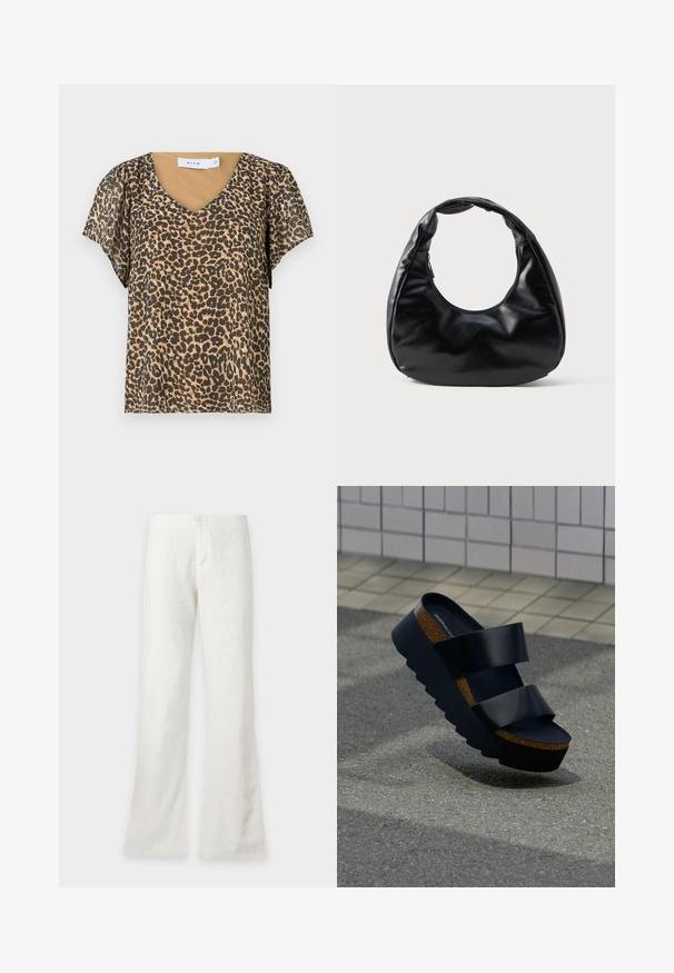 Leopardmønstret top med V-hals, korte flagrende ærmer og et beige inderlag. Lavet af let, gennemsigtigt stof.; Hvide bukser med lige ben, højtaljede og med forside knaplukning, vist mod en ensfarvet baggrund.; Sort platform-sandal med tyk korksål og to brede remme, placeret på struktureret fortov nær flisebelagt væg.; Sort faux læder håndtaske med en unik halvmåneform, et bredt, polstret håndtag og en lynlåslukning. Glat, blank tekstur og minimalistisk design.