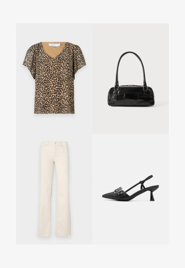 Leopardmønstret top med V-hals, korte flagrende ærmer og et beige inderlag. Lavet af let, gennemsigtigt stof.; Beige buks med vidde lavet af bomuldsblanding, med standardlommer, knaplukning foran og stikninger langs sømmene.; Simmi London DALA - Pumps - black; Sort læderhåndtaske med rektangulær form, der har et enkelt struktureret håndtag, sølvhardware og lynlås-lukning. Glat tekstur.