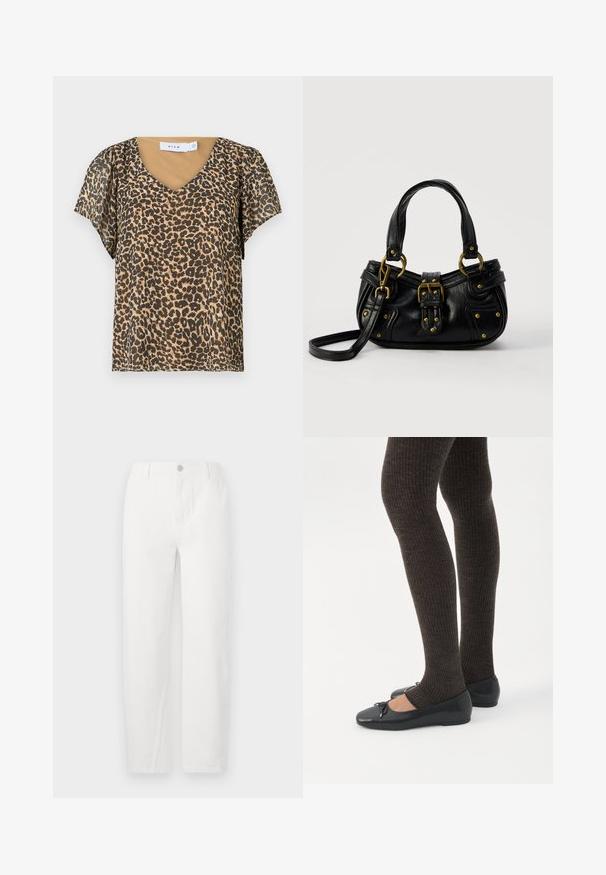 Leopardmønstret top med V-hals, korte flagrende ærmer og et beige inderlag. Lavet af let, gennemsigtigt stof.; Hvide straight-leg jeans lavet af denim, med knaplukning, to frontlommer og rene syninger. Simpelt design uden synlige mønstre.; Ben iført mørke ribbede leggings kombineret med sorte balletsko med små sløjfedetaljer på hvid baggrund.; Sort læderhåndtaske med guldbælge og nitdetaljer, korte håndtag og en justerbar skulderrem på en ensfarvet hvid baggrund.