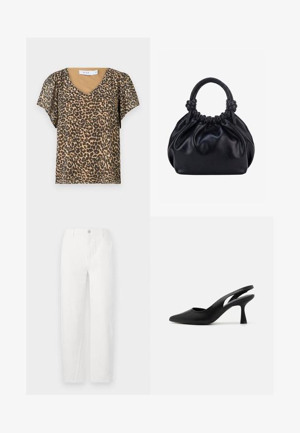 Leopardmønstret top med V-hals, korte flagrende ærmer og et beige inderlag. Lavet af let, gennemsigtigt stof.; Hvide straight-leg jeans lavet af denim, med knaplukning, to frontlommer og rene syninger. Simpelt design uden synlige mønstre.; Sorte slingback hæle med spids tå, lavet af glat læder. Har et udskåret design og en robust, aftrappet hæl.; Sort blød læderhåndtaske med samlet top og to tykke håndtag bundet i knuder mod en ensfarvet lys baggrund.
