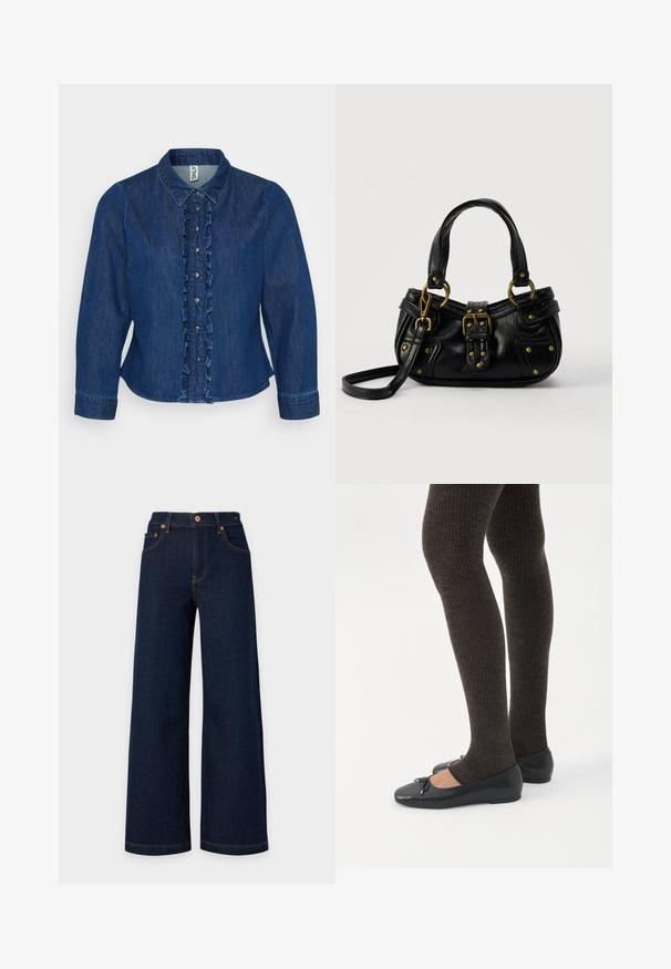 Chemise en denim bleu marine à boutons avec une patte de boutonnage froncée, un col et de longues manches. Le design comprend des boutons argentés et une coupe ajustée.; Jean en denim bleu foncé à jambes larges avec poches à l'avant, passants de ceinture et surpiqûres orange visibles sur fond clair.; Jambes portant des leggings côtelés foncés associés à des ballerines noires avec de petits détails en nœud sur fond blanc.; Sac à main en cuir noir avec boucle dorée et détails à rivets, poignées courtes et bandoulière réglable sur fond blanc uni.