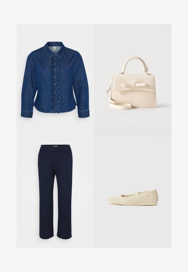 Dunkelblaues Denim-Hemd mit Knopfleiste, gekräuseltem Vorderteil, Kragen und langen Ärmeln. Das Design umfasst silberne Knöpfe und eine taillierte Passform.; Marineblaue gerade geschnittene Hose aus elastischem Material, mit flachem Bund und zwei seitlichen Taschen für Funktionalität.; Beige Ballerinas aus glattem Leder mit mandelförmiger Zehenpartie und elastischem Riemen über dem Fußrücken, ausgestattet mit dezenten Nähtelementen.; Kleine beige Handtasche mit Tragegriff oben, abnehmbarem Riemen, vorderer Klappe und dekorativer horizontaler Schleife vor einfarbigem Hintergrund.