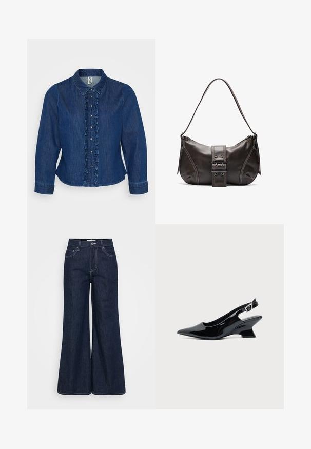 Dunkelblaues Denim-Hemd mit Knopfleiste, gekräuseltem Vorderteil, Kragen und langen Ärmeln. Das Design umfasst silberne Knöpfe und eine taillierte Passform.; Dunkelblaue Jeans-Hose mit weitem Bein und hohem Bund, ausgestattet mit Taschen vorne, kontrastierenden Nähten und einem sauberen Saum.; Schwarzer Slingback-Schuh aus Lackleder mit spitzer Spitze und niedrigem, schrägem Blockabsatz auf einfachem hellem Hintergrund.; Braune Lederumhängetasche mit gebogener Form, die mit einem auffälligen Schnallendetail, kontrastierenden Nähten und einem einzigen Schulterriemen ausgestattet ist.