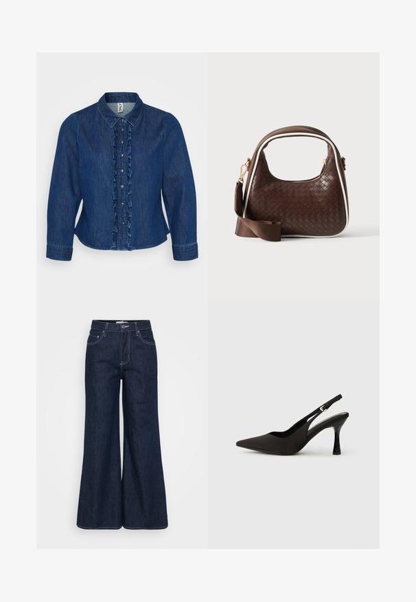 Chemise en denim bleu marine à boutons avec une patte de boutonnage froncée, un col et de longues manches. Le design comprend des boutons argentés et une coupe ajustée.; Pantalon large en denim foncé avec une taille haute, doté de poches avant, de surpiqûres contrastantes et d'un ourlet propre.; Chaussures à talons noires avec une bride, à bout pointu, finition mate lisse et talon fin brillant. Sangle ajustable avec petit détail de boucle.; Sac à main en cuir tressé marron avec passepoil blanc, fermeture éclair dorée et bandoulière amovible en tissu marron.
