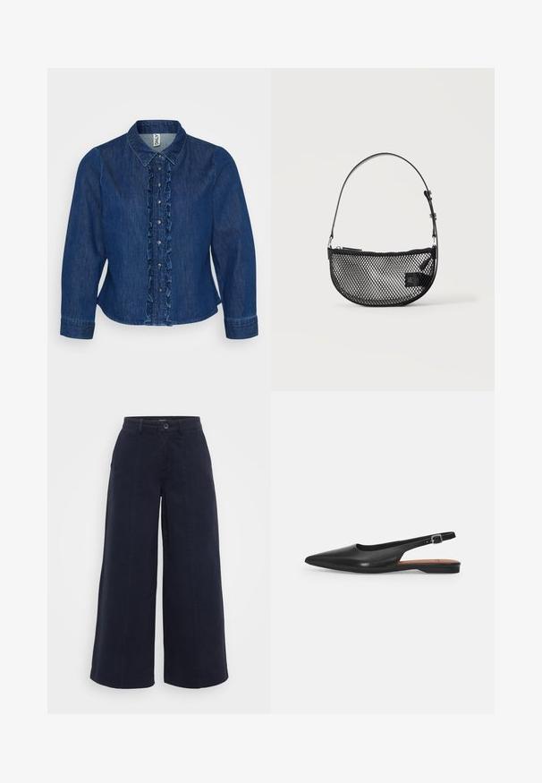 Dunkelblaues Denim-Hemd mit Knopfleiste, gekräuseltem Vorderteil, Kragen und langen Ärmeln. Das Design umfasst silberne Knöpfe und eine taillierte Passform.; Marineblaue weite Hosen aus Baumwollgemisch, mit hoher Taille, Vorderfalten und einem einzelnen Knopfverschluss. Schlichtes und sauberes Design.; Schwarzer Leder Slingback-Schuh mit spitzer Zehenform, subtiler Glanz und verstellbarem Knöchelriemen. Flacher Absatz mit einer braunen Innensohle.; Schwarze Netz-Halbmondhandtasche mit kurzem verstellbarem Lederriemen und Reißverschluss an einem einfarbigen hellen Hintergrund.