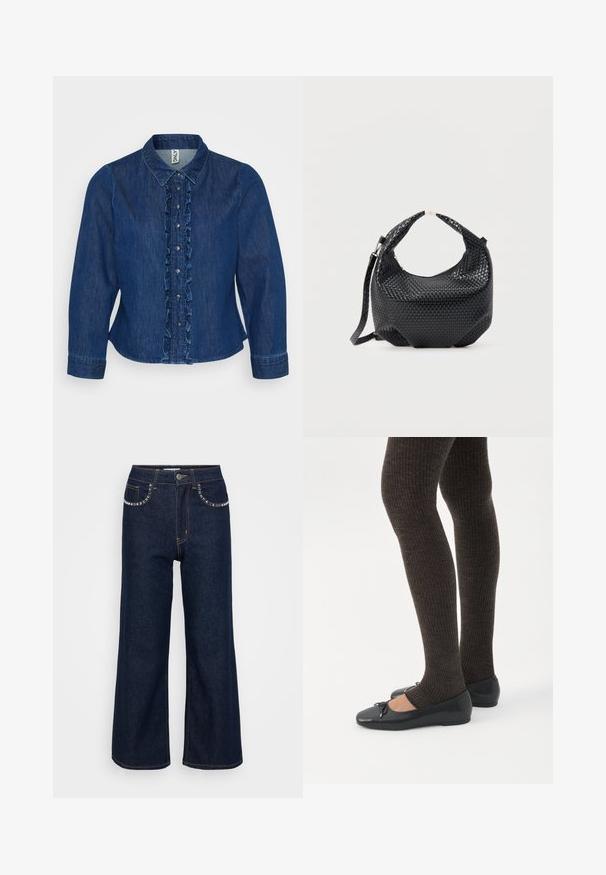 Camisa de mezclilla azul oscuro con botonadura frontal con volantes, cuello y mangas largas. El diseño incluye botones plateados y un corte entallado.; Vaqueros de pierna ancha de color azul oscuro, confeccionados en denim, con una cintura alta, dos bolsillos frontales con costuras decorativas y un cierre de un solo botón.; Piernas con leggings oscuros acanalados combinados con bailarinas negras que presentan pequeños detalles de lazo sobre un fondo blanco.; Bolso de mano de cuero negro trenzado con asa corta y correa de hombro desmontable, exhibido sobre un fondo claro y liso.