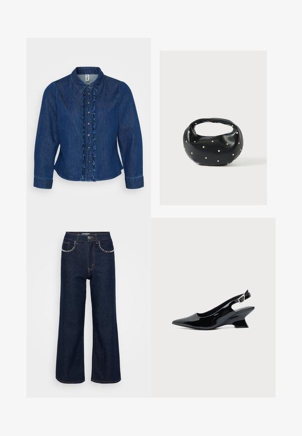 Dunkelblaues Denim-Hemd mit Knopfleiste, gekräuseltem Vorderteil, Kragen und langen Ärmeln. Das Design umfasst silberne Knöpfe und eine taillierte Passform.; Dunkelblaue Schlagjeans aus Denim, mit hoher Taille, zwei vorderen Taschen mit dekorativer Naht und einem einzelnen Knopfverschluss.; Schwarzer Slingback-Schuh aus Lackleder mit spitzer Spitze und niedrigem, schrägem Blockabsatz auf einfachem hellem Hintergrund.; Schwarze Lederhandtasche mit abgerundeter Form, verziert mit silbernen Nietenakzenten und kurzem Griff. Glatte Struktur und Reißverschlussverschluss.