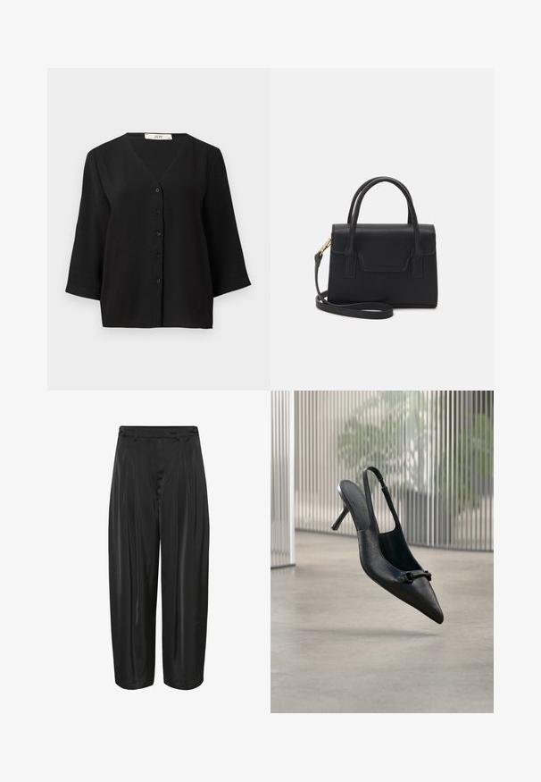 Zwarte kortemouwige button-up top met een V-halslijn, van een gestructureerde stof en met zes zwarte knopen aan de voorkant.; Zwarte wijde broek met plooien aan de voorkant, riemlussen en knoopsluitingen aan de zijkant, gemaakt van glanzende stof.; Zwarte, gestructureerde leren slingback hoge hak schoen met een puntige neus en een kleine decoratieve gesp, zwevend boven een gladde vloer.; Zwarte gestructureerde handtas van leer met een bovenhandvat, een afneembare schouderriem en een voorflapdetail. Gouden hardwareaccenten.