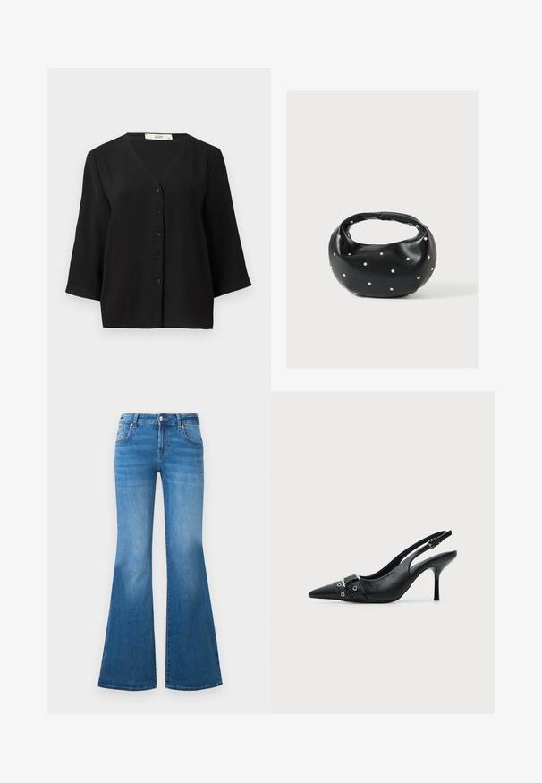 Zwarte kortemouwige button-up top met een V-halslijn, van een gestructureerde stof en met zes zwarte knopen aan de voorkant.; Flared blauwe denim jeans met een medium hoge taille, vijf zakken en vervaagde details op de dijen. Zilveren accenten op de knopen.; Zwarte leren pumps met hoge hak en slingback, met een puntige neus en een gesp- en oogjesriem detail aan de voorkant.; Zwarte leren handtas met een afgeronde vorm, versierd met zilveren studs, en een korte handgreep. Gladde textuur en ritsluiting.