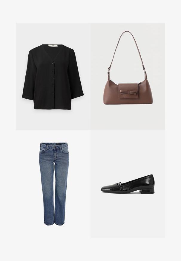Camisa de manga corta negra con botones y escote en V, que presenta una tela texturizada y seis botones negros en la parte delantera.; Jeans de denim azul con corte recto, que presentan un diseño clásico de cinco bolsillos, costuras sutiles y un cierre de botones.; Bailarinas de charol negro con punta afilada, tacón cuadrado bajo y un pequeño detalle de hebilla metálica en la correa. Textura suave.; Bolso bandolera de cuero marrón con un bolsillo frontal de solapa que presenta un detalle de moño cosido y una correa ajustable.