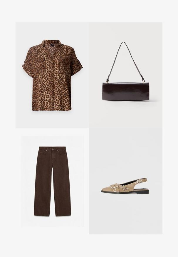 Chemisier à manches courtes, à boutons, en imprimé léopard, présentant une palette de couleurs marron clair et noir, avec deux poches poitrine et une coupe décontractée.; Pantalon droit taille haute marron foncé avec bouton à l'avant, fermeture éclair, passants de ceinture et design cinq poches.; Chaussures slingback en vernis beige avec un bout pointu, deux boucles ajustables et un petit talon noir. Texture lisse avec une finition brillante.; Sac à main rectangulaire en cuir noir avec une longue bandoulière unique et une finition brillante, présenté sur un fond blanc uni.