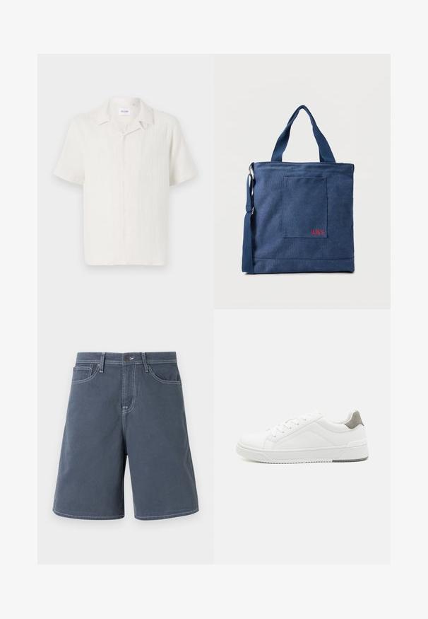 Chemise à manches courtes, couleur crème clair, avec un motif texturé subtil et un design de col classique.; Shorts bleu foncé en coton avec des coutures blanches, cinq poches et un système de fermeture à bouton à la taille. Design à jambe droite, avec un minimum de détails.; Basket blanche en cuir lisse, à bout arrondi, design minimaliste, accent de talon gris et semelle en caoutchouc texturé.; Sac fourre-tout en toile bleue avec poche frontale et broderie rouge "O.N.S", doté de doubles poignées et d'une bandoulière réglable.