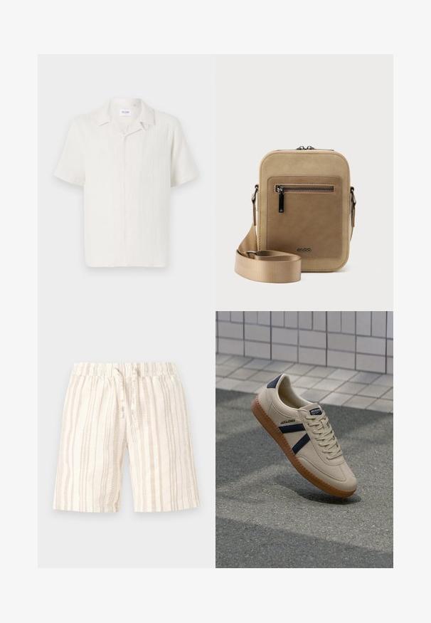 Chemise à manches courtes, couleur crème clair, avec un motif texturé subtil et un design de col classique.; Shorts beige clair avec des rayures verticales de nuances variées. Équipés d'une taille élastique et d'un cordon de serrage pour un ajustement. Tissu doux et texturé.; Baskets beiges avec une finition texturée, bandes navy et semelle en caoutchouc. Équipées d'une languette rembourrée et d'un système de laçage traditionnel pour un maintien sécurisé.; Petit sac bandoulière beige avec poche avant zippée, logo métallique ALDO, sangle large ajustable et forme rectangulaire arrondie sur fond blanc.