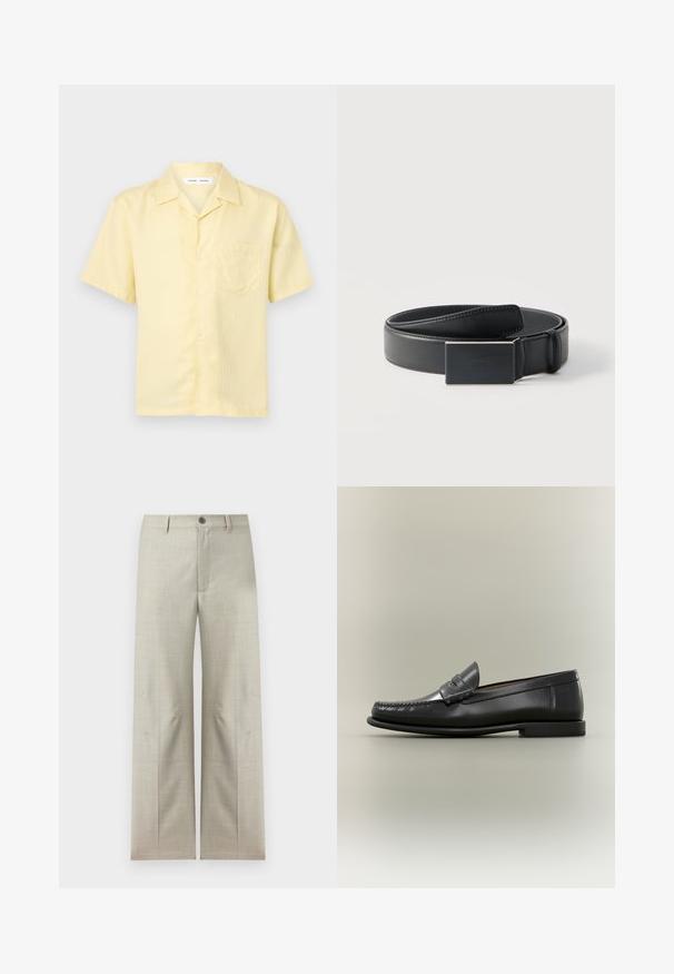 Chemise à manches courtes jaune clair avec boutons, poche poitrine et col camp, présentée sur un fond blanc uni.; Pantalon formel beige clair à jambes droites, fermeture avec bouton et fermeture éclair, passants pour ceinture, présenté sur un fond blanc.; Mocassin pour homme en cuir noir avec un design moc-toe, une lanière à monnaie et un talon bas sur un fond neutre.; Ceinture en cuir noir enroulée avec une boucle noire mate rectangulaire et un logo embossé discret sur fond blanc.