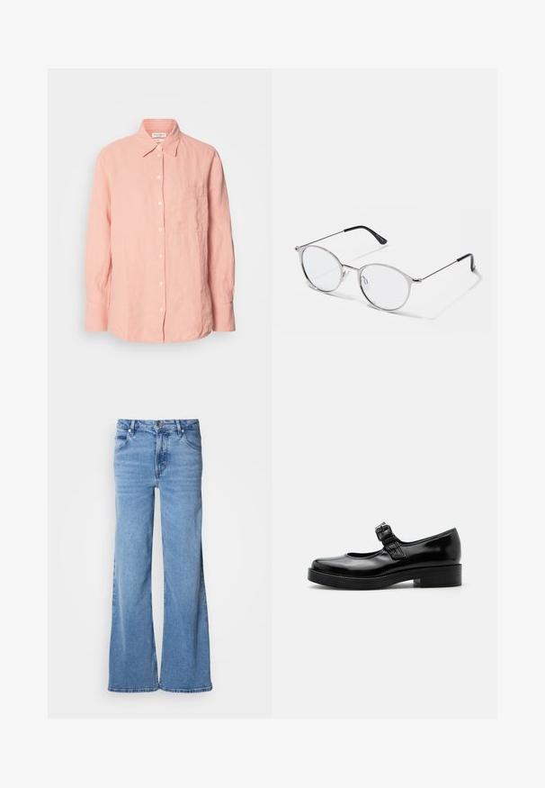 Lyserød linned skjorte med krave, knaplukning foran, lange ærmer og en lomme på venstre side. Struktureret stof med en afslappet pasform.; Lyseblå jeans med vid ben lavet af denim. Har et klassisk fem-lomme-design og synlig knaplukning. Blød tekstur og enkel finish.; Sort laklæder Mary Jane-sko med rund tå, lav blokhæl og justerbar spænde-rem over vristen.; Metallic sølvbriller med runde linser og en tynd ramme. Sorte tempelspidser giver kontrast. Justerbare næsepuder medfølger.
