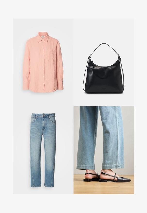 Lyserød linned skjorte med krave, knaplukning foran, lange ærmer og en lomme på venstre side. Struktureret stof med en afslappet pasform.; Lyseblå denim jeans med lige pasform, fem lommer, bæltestropper og en enkelt knaplukning. Falmet front og glat overflade.; Sorte læder slingback-sko med spidse tæer, flad hæl og ankelrem; båret med lyseblå viddebenede jeans.; Ung kvinde med langt sort hår sidder på en træklods iført en cremet outfit og holder en sort læder skuldertaske over brystet.