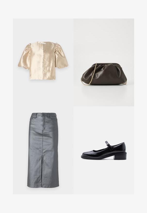 Crop top beige en satin avec des manches bouffantes, un col rond et une fermeture centrale. Le design présente une texture lisse avec un léger éclat.; Jupe en jean gris métallique avec une forme droite, fente avant, design à cinq poches et fermeture à bouton à la taille. Les coutures plates sont visibles.; Chaussure Mary Jane en cuir verni noir avec petit talon carré et bride réglable à boucle, sur fond clair uni.; Sac à main en cuir marron avec un design froncé, une bandoulière en chaîne dorée et une finition douce et texturée. Sa forme compacte est idéale pour une utilisation en soirée.