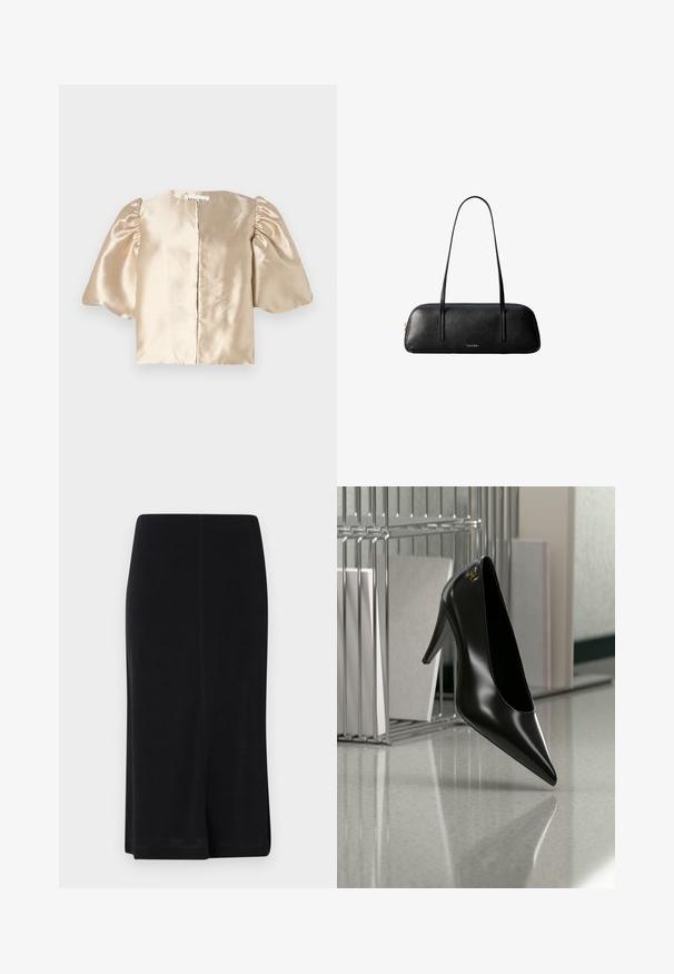 Crop top beige en satin avec des manches bouffantes, un col rond et une fermeture centrale. Le design présente une texture lisse avec un léger éclat.; Jupe noire longueur genou en tissu lisse, dotée d'une silhouette droite, d'un design simple et de fentes latérales pour faciliter les mouvements.; Chaussure noire à talon haut avec bout pointu et logo doré, posée sur une surface réfléchissante près d'un organiseur de dossiers en fil chromé contenant des documents.; Sac à main rectangulaire en cuir noir avec de longues lanières fines et un logo doré "Calvin Klein" au centre avant.