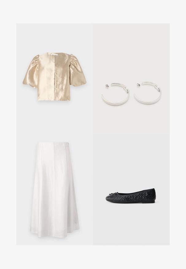 Crop top beige en satin avec des manches bouffantes, un col rond et une fermeture centrale. Le design présente une texture lisse avec un léger éclat.; Jupe midi blanche trapèze avec une texture lisse et une couture verticale au centre, présentée sur un fond uni.; Ballerines noires en matière texturée avec un motif, bout rond et petit nœud décoratif sur le devant. Design à semelle plate.; Boucles d'oreilles demi-cercles ton argent avec texture striée et fermoirs à pression sur fond blanc.