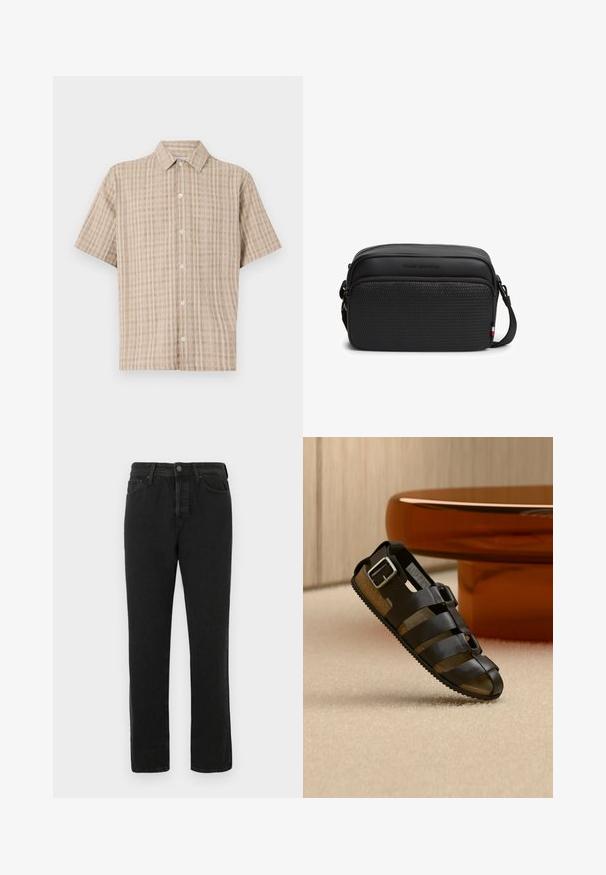 Chemise à manches courtes, avec col, de couleur beige et à motif carreaux. Fabriquée en tissu texturé, avec un devant à boutons et une coupe décontractée.; Jeans en denim noirs à jambes droites avec fermeture à bouton et zip à l'avant, passants de ceinture et design à cinq poches, présentés sur fond blanc.; Sandale en cuir noir avec plusieurs brides et une boucle argentée, présentée sur un tapis beige devant une table ronde en bois.; Sac bandoulière rectangulaire noir avec poche avant texturée, fermetures éclair, bandoulière réglable et logo discret sur la partie supérieure lisse.