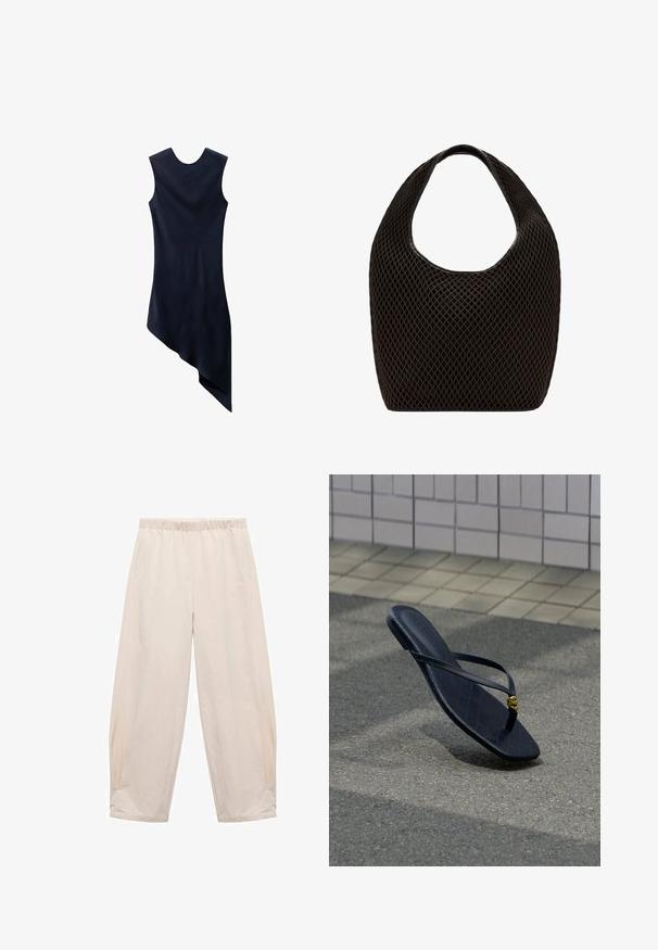 Robe asymétrique bleu marine avec un col arrondi, sans manches, en tissu fluide, et un ourlet qui tombe plus long d'un côté.; Pantalons à taille élastique en beige clair. Fabriqués en tissu doux avec des poches latérales et une coupe décontractée et ample. Ajustés à la cheville.; Tongs en cuir noir avec une boucle décorative dorée, reposant sur un pavement texturé près d’un mur carrelé en extérieur.; Sac cabas noir en maille à tissage ouvert avec poignée supérieure arrondie et corps large et incurvé.