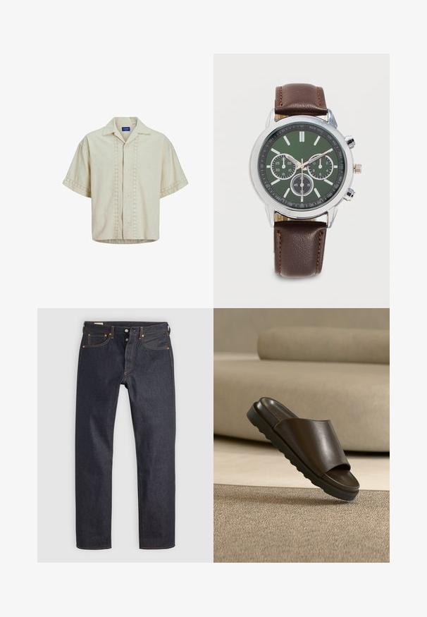 Chemise à manches courtes en lin beige avec un devant boutonné, présentant des détails en œillets le long du centre et des poignets. Ourlet droit.; Jean en denim bleu foncé à coupe droite, avec des coutures orange et un style classique à cinq poches. Fermeture par bouton et braguette à glissière.; Sandale slide en cuir marron foncé avec une semelle épaisse sur un tapis beige devant un canapé beige courbé.; Montre-bracelet avec cadran vert, trois sous-cadrans, boîtier argenté, aiguilles argentées et bracelet en cuir marron avec couture orange.