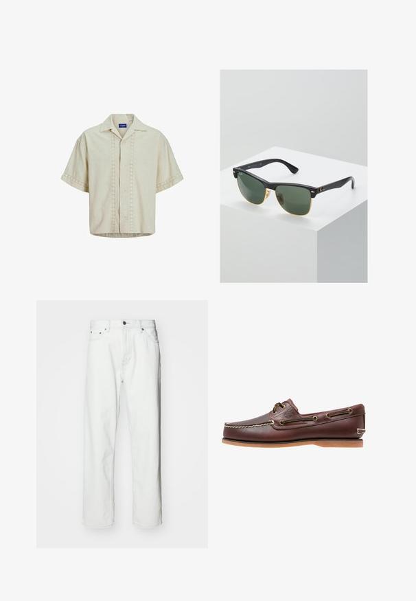 Kortærmet skjorte i beige linned med knaplukning foran, med øje-detail langs center og ærmekanter. Lige kant.; Hvide denimbukser med lige pasform, fem-lomme design, knaplukning og subtile syninger. Glat tekstur og minimalistisk stil.; Brun læder bådsko med hvide sømme, snøre detaljer og lysbrun gummisål, vist fra siden på hvid baggrund.; Ray-Ban solbriller med grønne linser, sorte plastikstel og gyldne detaljer ved kanterne. Firkantet form med mat finish.