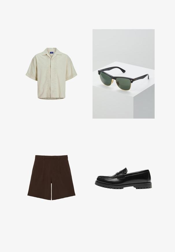 Kortærmet skjorte i beige linned med knaplukning foran, med øje-detail langs center og ærmekanter. Lige kant.; Mørkebrune knælange skræddersyede shorts med bæltestropper og forreste læg, vist fladt på hvid baggrund.; Sort læderloafer med en kraftig gummisål og klassiske penny-strap detaljer, vist fra ydersiden.; Ray-Ban solbriller med grønne linser, sorte plastikstel og gyldne detaljer ved kanterne. Firkantet form med mat finish.