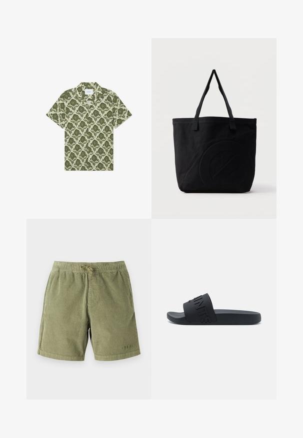 Kurzärmeliges Hemd mit grünem Blumenmuster auf einem hellbeigen Hintergrund. Verfügt über einen Kragen und ein Etikett mit der Aufschrift "Les Deux".; Hellgrüne Cordshorts mit elastischem Bund und Kordelzug. Sie verfügen über seitliche Taschen und subtile Steppdetails.; Schwarze Slidesandalen mit einem breiten Riemen, der geprägten Text enthält. Hergestellt aus flexiblem Material mit einer strukturierten Fußsohle und flacher Sohle.; Schwarze Canvas-Shopper-Tasche mit zwei Schulterriemen und einem dezenten, eingeprägten kreisförmigen Design auf der Vorderseite.
