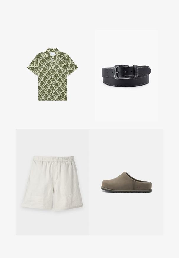 Kortærmet skjorte med et grønt blomstermønster på en lys beige baggrund. Har en krave og et mærke med teksten "Les Deux."; Lysbeige linnedshorts med elastisk talje, der har en afslappet pasform og minimale sømme for et simpelt, afslappet design.; Brun slip-on clog i ruskind med lukket tå, polstret sål og lav hælkappe, designet til afslappet indendørs og udendørs brug.; Sort læderbælte med en sølvfarvet metalspænde, kontrasterende hvide syninger og en glat overflade. Indeholder flere justeringshuller.