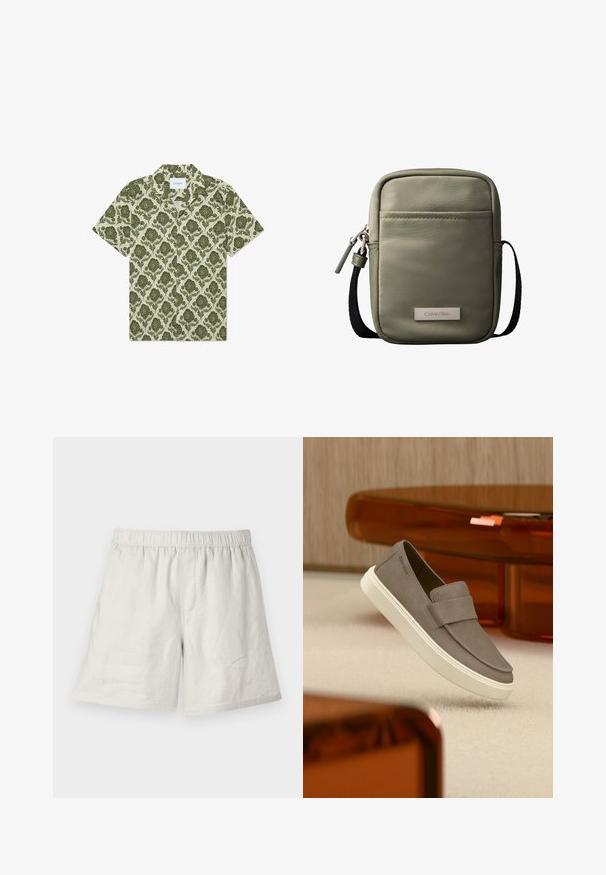 Chemise à manches courtes avec un motif floral vert sur fond beige clair. Dotée d'un col et d'une étiquette portant la mention "Les Deux."; Shorts en lin beige clair avec une taille élastique, présentant une coupe décontractée et des coutures minimales pour un design simple et décontracté.; Chaussure gris en daim à enfiler avec semelle blanche suspendue au-dessus d'un tapis beige, avec un meuble orange translucide en arrière-plan.; Sac bandoulière compact vert olive avec poche avant, sangle noire réglable, fermeture zippée et plaque logo Calvin Klein.