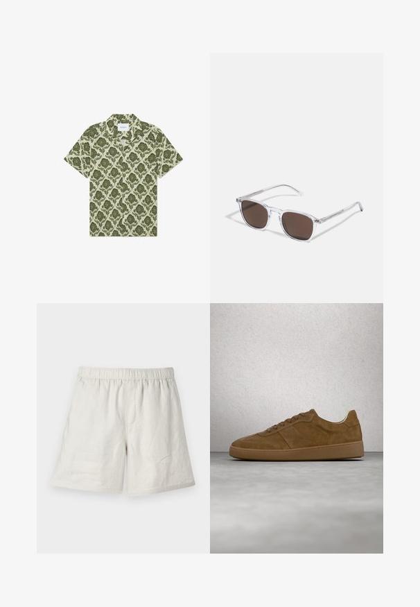 Kortærmet skjorte med et grønt blomstermønster på en lys beige baggrund. Har en krave og et mærke med teksten "Les Deux."; Lysbeige linnedshorts med elastisk talje, der har en afslappet pasform og minimale sømme for et simpelt, afslappet design.; Brun ruskindsneaker med tanfarvede snørebånd og gummisål. Har en rundet snude og synlige stikninger på overdelen. Letvægtsdesign.; Klare plastik solbriller med rektangulære brune linser, med tynde, transparente stænger og metal accenter på templerne.
