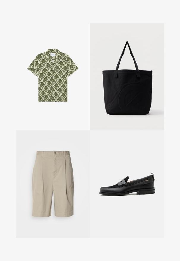 Camisa de manga corta con un patrón floral verde sobre un fondo beige claro. Presenta un cuello y una etiqueta con la inscripción "Les Deux".; Bermudas de algodón beige con pliegues en la parte delantera, cierre con botón en la cintura y bolsillos laterales. Textura suave y corte a la altura de la rodilla.; Mocasín de cuero negro con detalle de tira gris, tacón bajo y suela texturizada, con la marca "HUGO" en oro en el lateral.; Bolsa tote de lona negra con dos correas para el hombro y un diseño circular en relieve sutil en el frente.